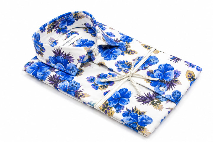 Camicia in Lino Fantasia Floreale Blu